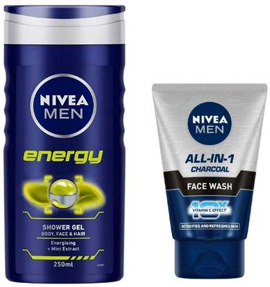 NIVEA Men Energy Shower Gel 250 Ml & Men All In One Charcoal Face Wash 100 Ml (Pack Of 2) # 17