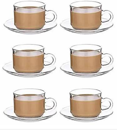 Green Apple Pack of 12 Glass premium quality Glass (6 set) Tea and Coffee Cup and Saucer set, 210 ml