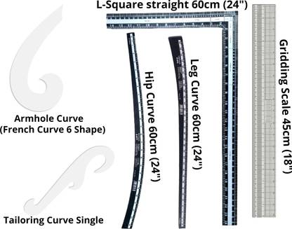 Upyukat Tailoring scales/ curves/ Fashion Designing Scale- Hard Plastic Scale- Set of 6- L-square straight, Hip curve, Leg curve, Gridding scale, Arm hole curve (French curve 6 shape), Tailoring single curve Sewing Kit