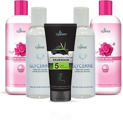 Ujjwala Natural and Pure Rose Water (Gulab Jal) 100 ML+ 100 ML + Glycerine Fresh 120GM + 120GM and Charcoal Face Wash 50 GM (Combo of 5)