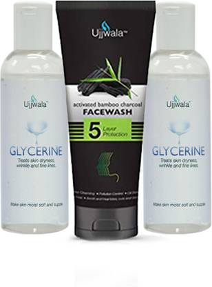 Ujjwala Natural and Pure Glycerine Fresh 120GM + 120GM and Charcoal Face Wash 50GM (Combo of 3)