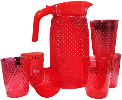 STORKINS 1.5 L Water Beautiful Jug with 6 Pieces Glasses Set for Juice/Water Serve (1.5 L) Jug Glass Set Jug (Plastic) RED Jug Glass Set