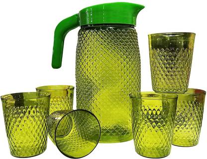 AKOSHA 2 L Water Unbreakable Premium Quality Plastic Water And Juice Jug With 6 Pcs Glasses For Water & Juice Serve Jug & BPA Free Plastic Green Color Jug (Plastic) Jug Glass Set