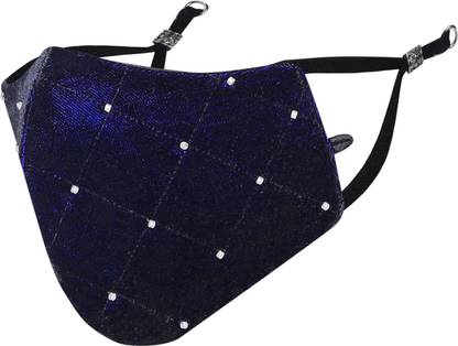 MASQ Anti-Pollution, Anti-Bacterial (BFE>99%) 4 Layer Embroidered, Designer, Fashionable & Protective Velvet Cloth Face Mask for Women, Girls with Detachable Chain, Size Adjustable Ear Loops & Mask Bag Velvet_Navy_Medium_01 Reusable, Washable Cloth Mask