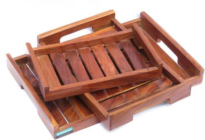 Ozaka Shisham Wood -Set of 3- Strip Design-Plain Tray