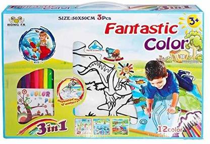 Joy Stories DIY 3 in 1 Washable Coloring Play Mat for Kids, Educational Drawing Art Kit Set of 3 Themed Reusable Colour Mats with 12 Washable Markers Juggling