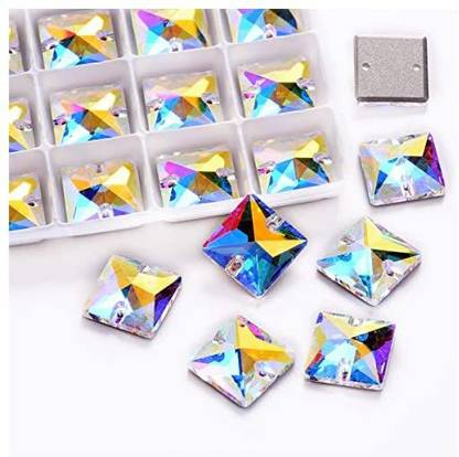 CMJ BLINGINBOX AAAAA Quality 28pcs Square Crystal AB Glass Sew On Rhinestones Flatback with 2 Holes Sewing Rhinestone (14mm,