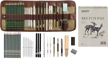 Definite Art 32 Pieces Professional Sketching and Drawing Art Tool Kit; 12 X Graphite Pencils (2H, H, HB, B, 2B, 3B, 4B, 5B, 6B, 8B, 10B and 12B), 3 X Black Charcoal Pencils (Hard, Medium and Soft), 6 X Paper Art Blending Stumps, 1 X Small Handle Blending Brush, 2 X White Pens, 1 X Utility Sharpening Knife, 1 X 13cm Pencil Extender, 1 X Sandpaper Strip, 1 X White Glass Marking Pencil, 1 X Kneadable Eraser, 1 X Regular Black Eraser, 1 X Canvas Rolling Pouch and Sketching/Drawing Pad - 24 Sheets (160GSM)