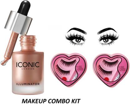 Vedy BORN TO GLOW REHAUSSEUR DECLAT LIQUID ILLUMINATOR (GOLD, ROSE GOLD AND SILVER, 30ML ) AND HEART SHAPE FALSE-FAKE EYELASHES WITH GLUE SET NATURAL