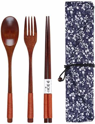 Iktu 3 Pcs Wooden Flatware Reusable Bamboo Cutlery Set