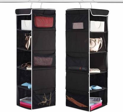 DOUBLE R BAGS 5-Shelf Hanging Closet Organizer - 6 Side Mesh Pockets Breathable Polypropylene Hanging Shelves - for Clothes Storage and Accessories, 12" x 11 ½" x 42" (Black, 2) Closet Organizer