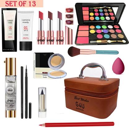 G4U All In One Makeup Kit (3 Lipstick,1 EyeShadow,1 CC Cream, Compact,Primer,Pen Liner,Kajal, Lip Liner, 1 Makeup Brush,1 Makeup Puff,1 Multi-purpose Makeup Box) Mauve A1 Pack of 13 Pcs.