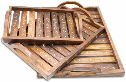Decor Karo Sheesham Wood Reactangular Serving Tray with Cut Out Handles Tray