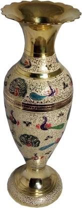 MOZO HUB MOZO HUB Brass Hand Crafted Jar pattern White Flower Vase 30 cm Brass Vase