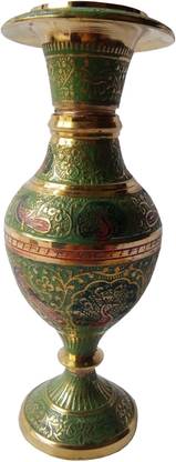 MOZO HUB Hand Crafted Green Color Kashmiri Glass Pattern Flower Brass Vase