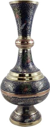 MOZO HUB MOZO HUB Brass Navy Blue Flower vase Arbi Surai pattern 33 cm Brass Vase