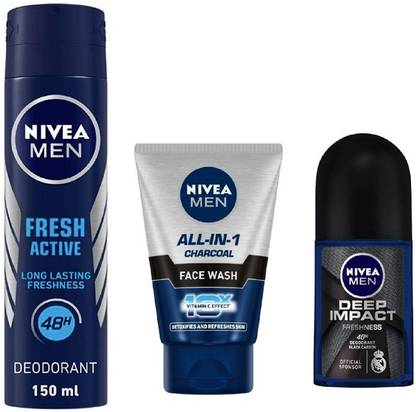 NIVEA Men Fresh Active Deo 150Ml , All In ONe CHarcoal Face Wash 100Ml , Deep Impact Roll ON 50Ml #17