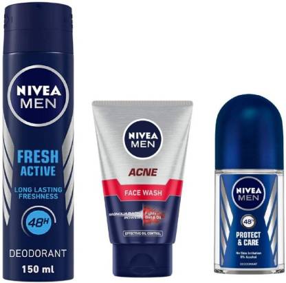 NIVEA Men Fresh Active Deo 150Ml , Acne Face Wash 100Ml ,Protect Care Roll ON 50Ml #27