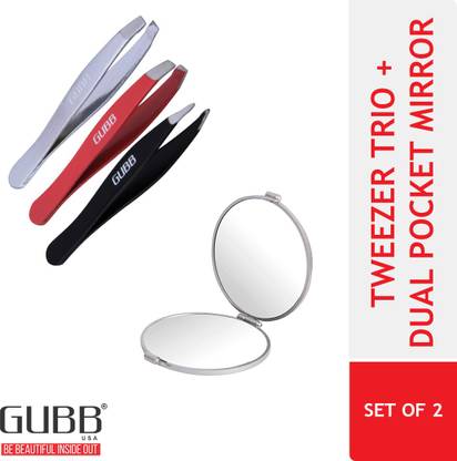 GUBB Brow Kit Pro - Magnifying Compact Mirror & Trio Mini Tweezer Set For Eyebrows