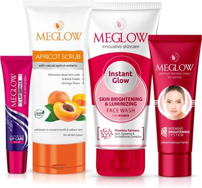 meglow Fairness Cream for Women 50g + Instant Glow Facewash 70g + Apricot Scrub 70g + Lip Shiner (SPF-15) 15g