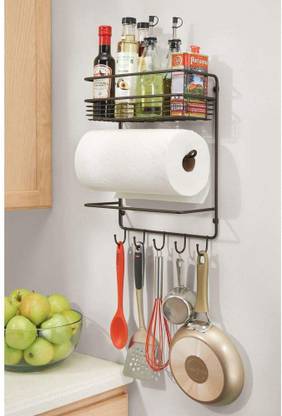 Beyond Collection Containers Kitchen Rack Iron Iron Wall Mount Paper Towel Holder with Storage Shelf and Hooks for Kitchen, Laundry, Pantry, & Bathroom | Black
