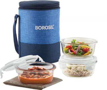 BOROSIL Prime Lunch Box with Bag, 3 Pc (400ml x 3), Round Office Tiffin 3 Containers Lunch Box