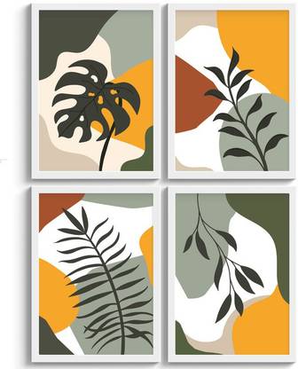 SC CREATIVES Set of 4 Tropical Leaves Element Framed Art Prints Painting with Plexi Glass Inches Wall Art Gift Posters for Wall Decor Wall Hangings - White Frame | Ready To Hang Digital Reprint 12 inch x 9 inch Painting