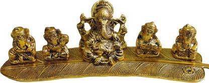 Deco4U Set of 5 Musical Ganesh Ji Sitting On A Leaf Hindu God Ganesha Idol Decorative Showpiece  -  12 cm