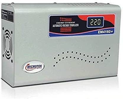 Microtek EM4160+ Automatic Voltage Stabilizer for AC up to 1.5 ton (160V-285V), Metallic Grey – Digital Display, Wall Mounted 120 V Delta Conversion Tower Model UPS with Overload Protection 3 Outlet Plugs