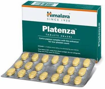 HIMALAYA Healthcare Tablet Helps to treat malaria and dengue, boosts platelet count and reverses the thrombocytopenia (low platelet count) associated with dengue, strengthens the host immune system Platenza is also proven to reduce feve