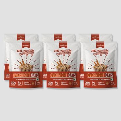 Feel Mighty by Feel Mighty 30g Protein Overnight Oats: Apple & Cinnamon - Box of 6 packs + 1 Shaker Bottle! Low Calorie, Superfood Rich Breakfast Sachet