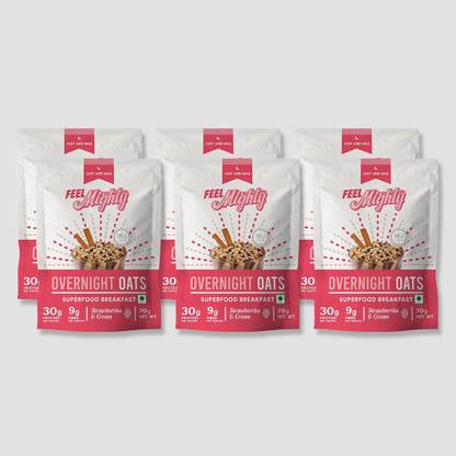 Feel Mighty by Feel Mighty 30g Protein Overnight Oats: Strawberries & Cream - Box of 6 packs + 1 Shaker Bottle! Low Calorie, Superfood Rich Breakfast Sachet