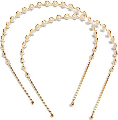 High Profile Fancy Gold Embellished Pearl Hairband Designer Hair Accessory Headband for Women and Girls - Pack of 2 Hair Band