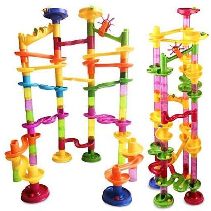 Tevelo Marble Run Coaster 85 Set, 240" Rails Length, 55 Building Elements 30 Plastic Race Marbles. Learning Railway Constructi