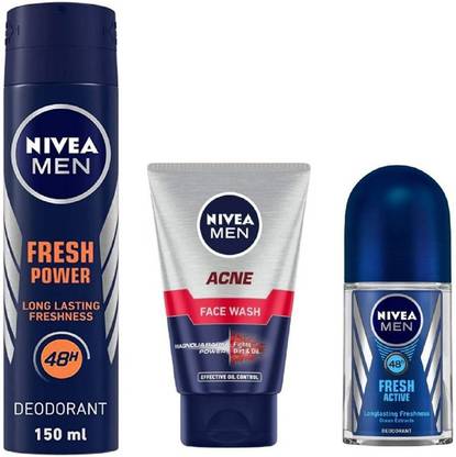 NIVEA Men Fresh Power Deo 150, Acne Face Wash 100Ml ,Fresh Active Roll ON 50Ml #1=221