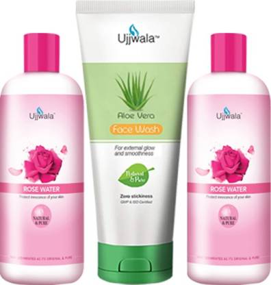 Ujjwala Natural and Pure Rose Water (Gulab Jal) 100 ML+ 100 ML and Aloevera Face Wash 50 GM (Combo of 3)