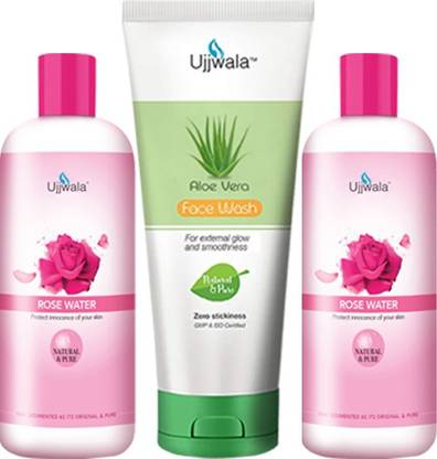 Ujjwala Natural and Pure Rose Water (Gulab Jal) 100 ML+ 100 ML and Aloevera Face Wash 50 GM (Combo of 3)