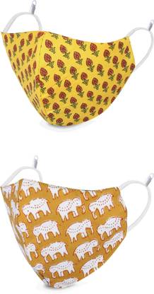 DFR Reversible Masks One Side Rajasthani Sanganeri Print Other Side Solid Color 100% Cotton High Nose Washable Reusable 3 Cloth Layer Fashion Face Mask for Women Men (Pack Of 2) MRDP2.2YLGR Water Resistant, Reusable, Washable Cloth Mask