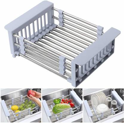 Dankhra Dish Drainer Kitchen Rack Steel Adjustable Stainless Steel Drainer Basket Drain Tray for Dish Vegetable Fruit, On Counter Dish Rack or in Sink Over Sink Kitchen Basket Dish Drying Rack