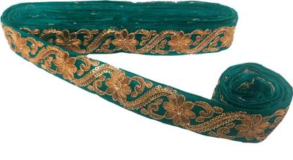 Navsha Creations Lace and border (greenish firozi) Silk Blend Saree Falls