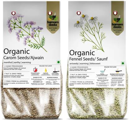 HamamDasta Carom Seeds Ajwain 200gm Fennel Seeds Saunf Sonf 200gm (Pack of 2: 200gm X 2)