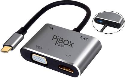 पीबॉक्स इंडिया USB C to HDMI VGA USB Adapter, Aluminium Type C USB hub 3.1 to HDMI 4K/VGA/USB 3.0/USB C Converter Cable Charging Port Adapter USB एडाप्टर