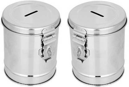 PIYU GIFT 2 Stainless Steel Round Shape Money Bank Piggy Banks (Silver) Coin Bank