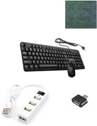 Intex Wired Keyboard & Mouse Combo (Black) 1 MOUSE PAD 1 MICRO ADOPTER 4 Port Hi-Speed USB Hub with Power Switch Combo Set