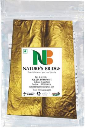Nature's Bridge Pure 24 K Gold Leaf / Gold Vark / Gold Waraq / Edible Gold Leaf Jumbo size (3x5 Cm) for Decorating Sweets, Cake, Confectionery & Face Pack Use (Cosmetic) - 1 Leaf Glitters