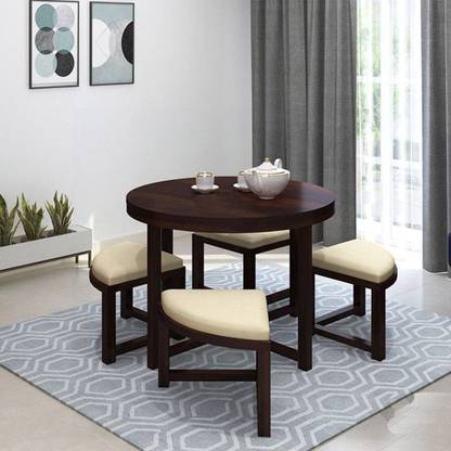 BRIGHTWOOD Solid Sheesham Wood 4 Seater Round Dining Table With 4 Stools For Dining Room Solid Wood 4 Seater Dining Set