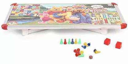 GR8INDIA Winnie Pooh 2 In 1 Kids Multipurpose Foldable Bed Study Table Laptop Table with Board Game Ludo Snake & Ladder For Kids Solid Wood Activity Table