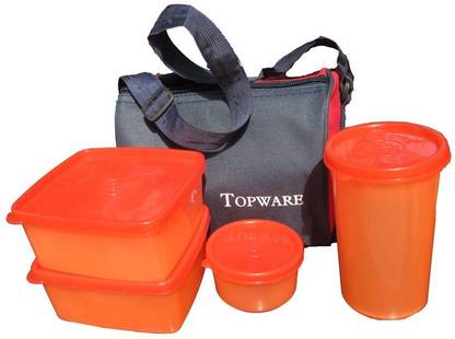 SUPERTEXON Topware Multi Color Plastic Lunch Box With Insulated Bag- Red 4 Containers Lunch Box