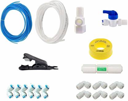 MG WATER SOLUTION Ro Inlet Valve Set and Mix Elbow Kit of Connector, Flow Restrictor, 5 Meter Blue and 5 Meter White Pipes, Pipe Cutter Solid Filter Cartridge