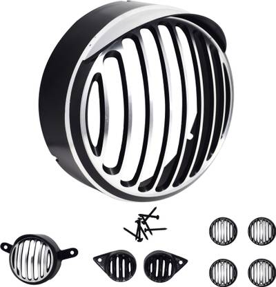 Ramanta Complete Metal Bullet Headlight Grill Set for Royal Enfield Bullet Classic 350 & 500 (Set of 8) (Set of 8, Black and Chrome with Cap) Bike Headlight Grill